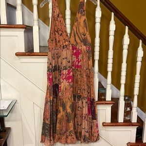 Anthropologie Brown and Gold Ruched Tiered Sundress